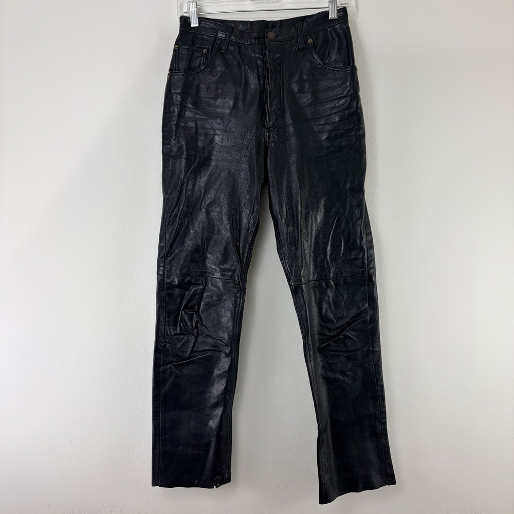 ZENE Black Genuine Leather Pants Size 28 Straight Leg Lined 5 Pocket Zip Fly